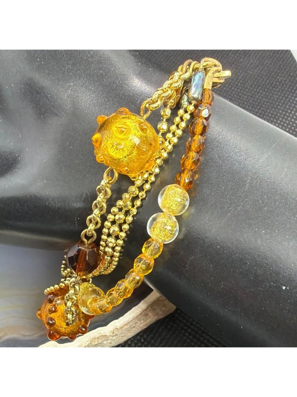 Murano Bracelet Amber Glass Beads Gold Multi-Strand Antica Murrina Italy Vintage
